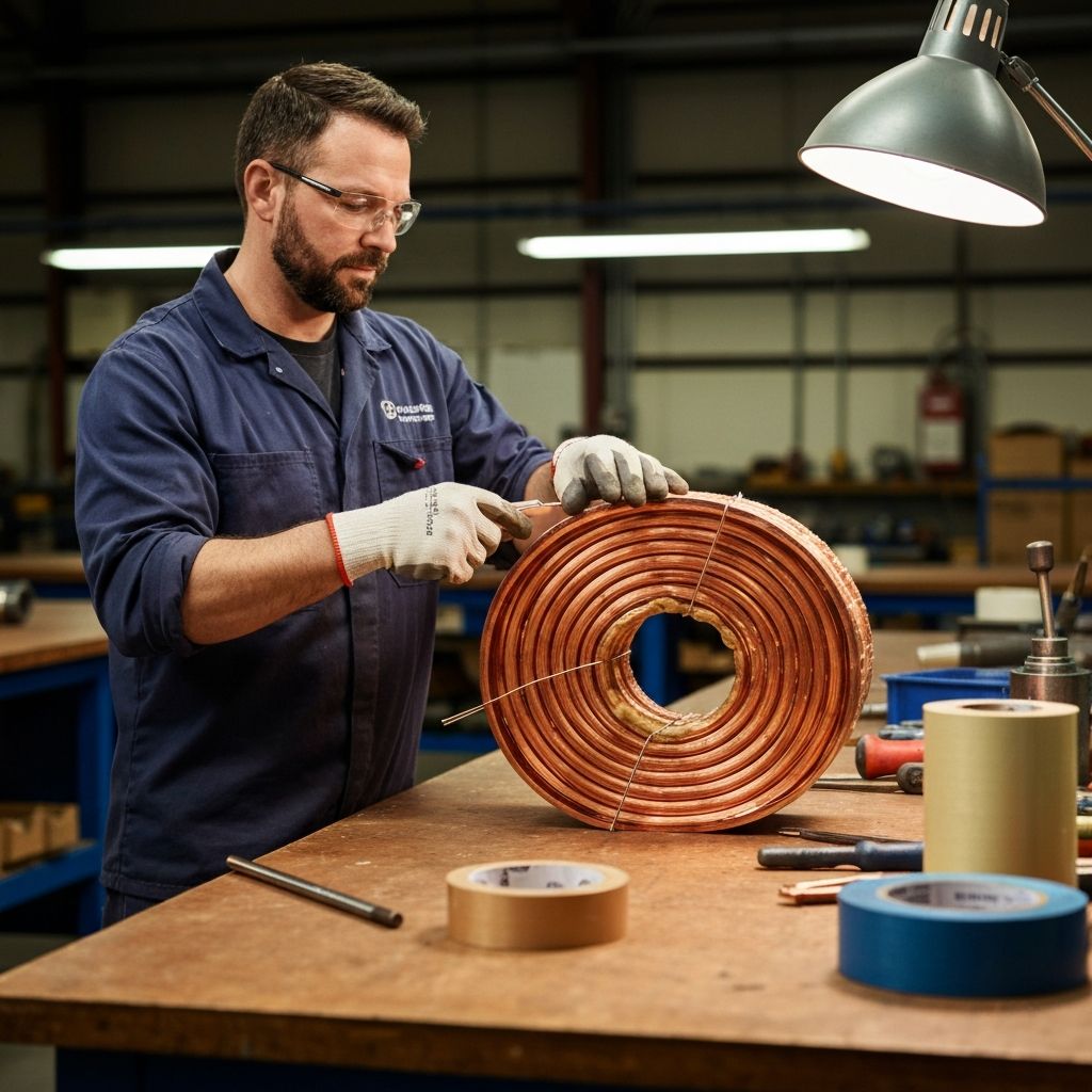 Skilled worker hand-taping insulation onto a diamond coil